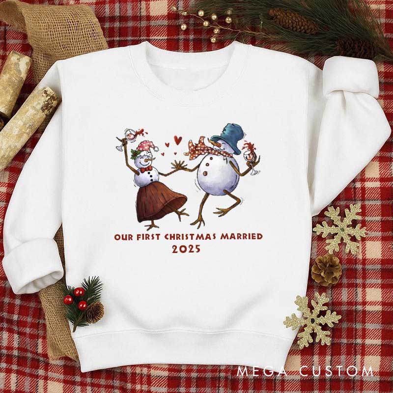 Personalized Our first Christmas Married Crewneck for Newlywed Couple Snowman Design Christmas Sweatshirt Couple Holiday Outfit