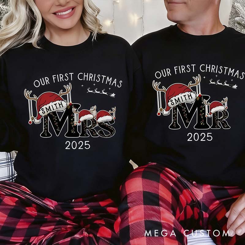 Personalized First Christmas as Mr and Mrs Crewneck for Newlywed Couple Snowman Design Christmas Sweatshirt Couple Holiday Matching Outfit
