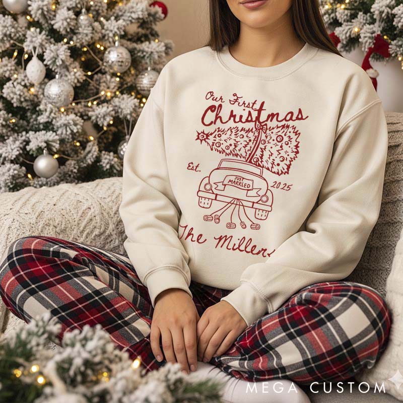 Personalized Our First Christmas Sweatshirt Crewneck for Newlywed Couple Car Design Holiday Couple Matching Outfit Gift