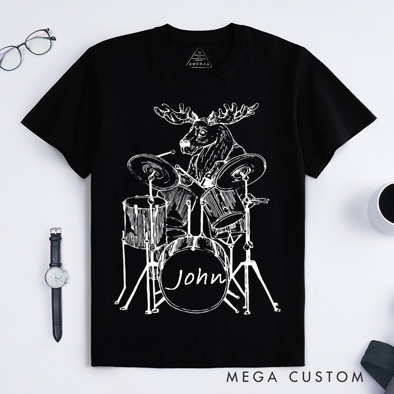 Personalized Moose Drummer Classic T-Shirts Unique Animal Band Music Lover Gift Custom Name Unisex Perfect for Musicians and Wildlife Fans Birthday