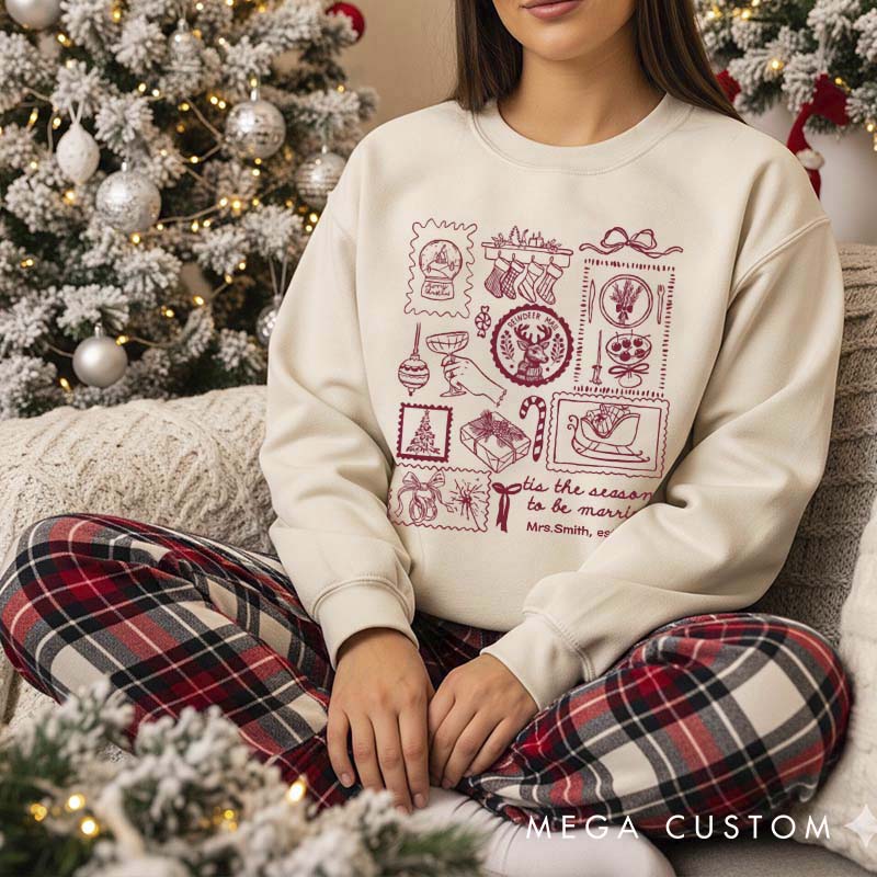Personalized Tis The Season To Be Married Sweatshirt for Newlywed Couple Stamp Design Holiday Couple Matching Outfit Newlywed Christmas Gift
