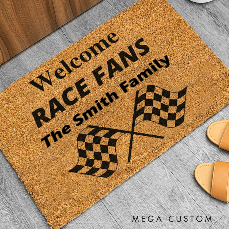 Personalized Check Flag Welcome Doormat Custom Name Racing Doormat for Racers and Racing Lovers