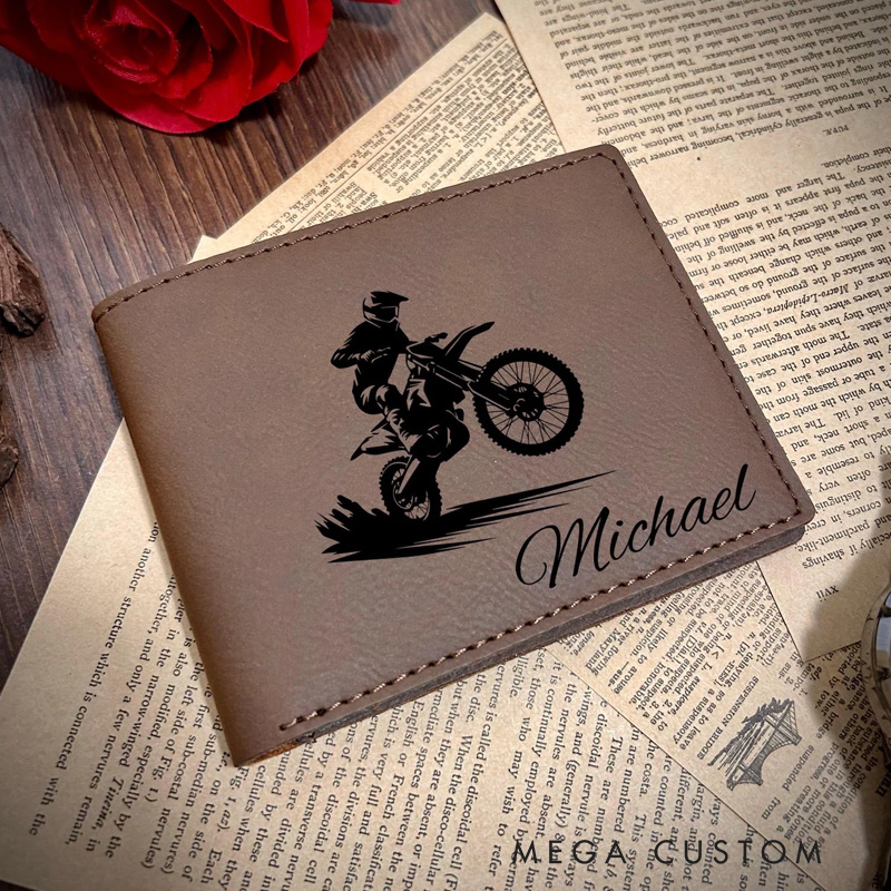 Personalized Cycling Bike Lover Riding Dirt Biker with Custom Name Leather Wallet