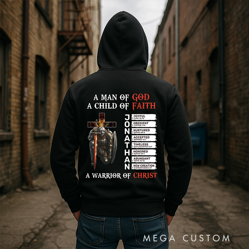 Personalized a Warrior of Christ with Name Letter in Bible Classic Hoodies Religious Gift Christian Faith Gift for Men