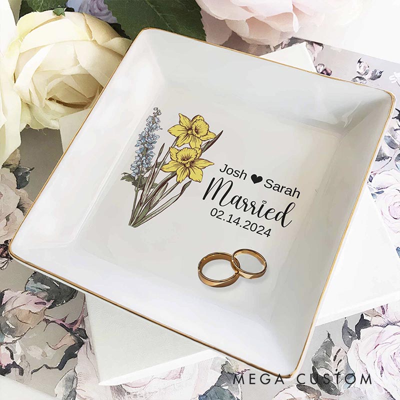 Personalized Wedding Married Date Custom Name Birth Flower Square Ring Dish Engagement Floral Ring Dish Keepsake Gift