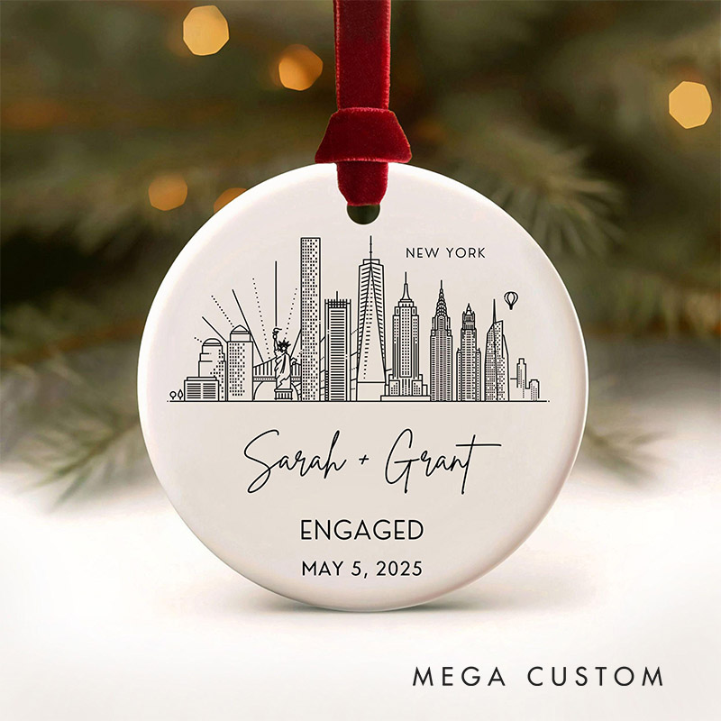 Personalized Couple City Skyline Engaged Ceramic Ornament Newlyweds Photo Married Ornament Our First Christmas Ornament Wedding Bridal Shower Gift