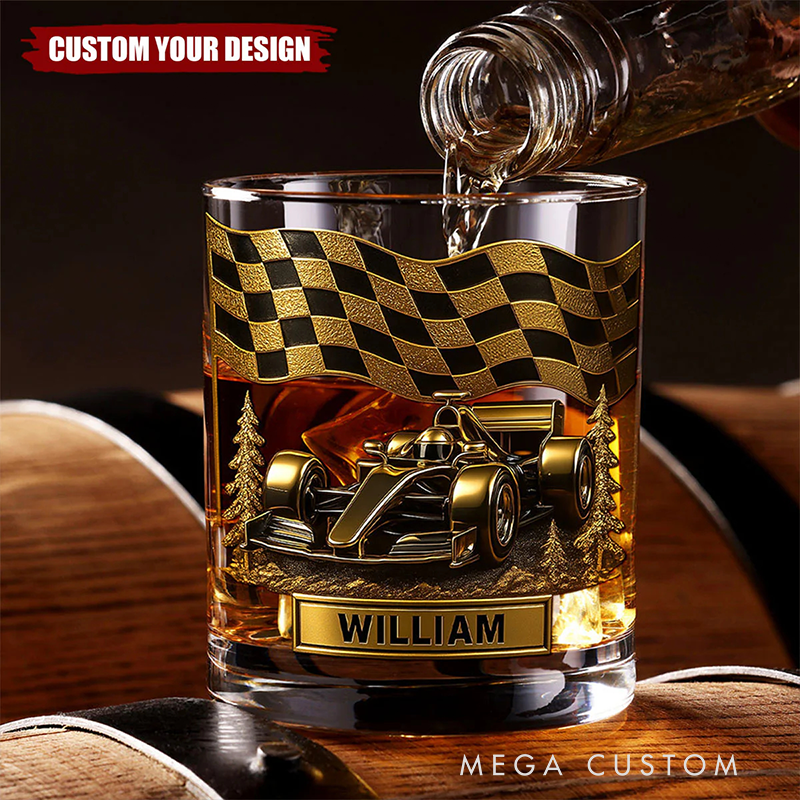 Personalized Racing Car Whiskey Glass Custom Name Design Rock Tumbler Gift for Racers and Racing Lovers