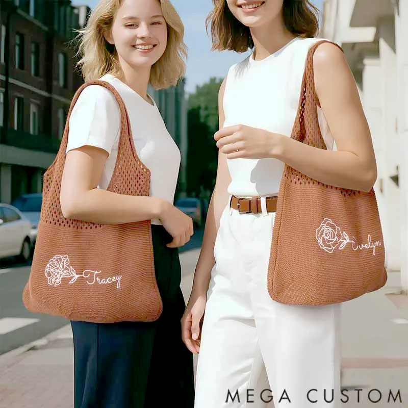 Personalized Retro Embroidered Birth Flower Crochet Mesh Tote Bag with Name Summer Beach Travel Birthday Gift for Women