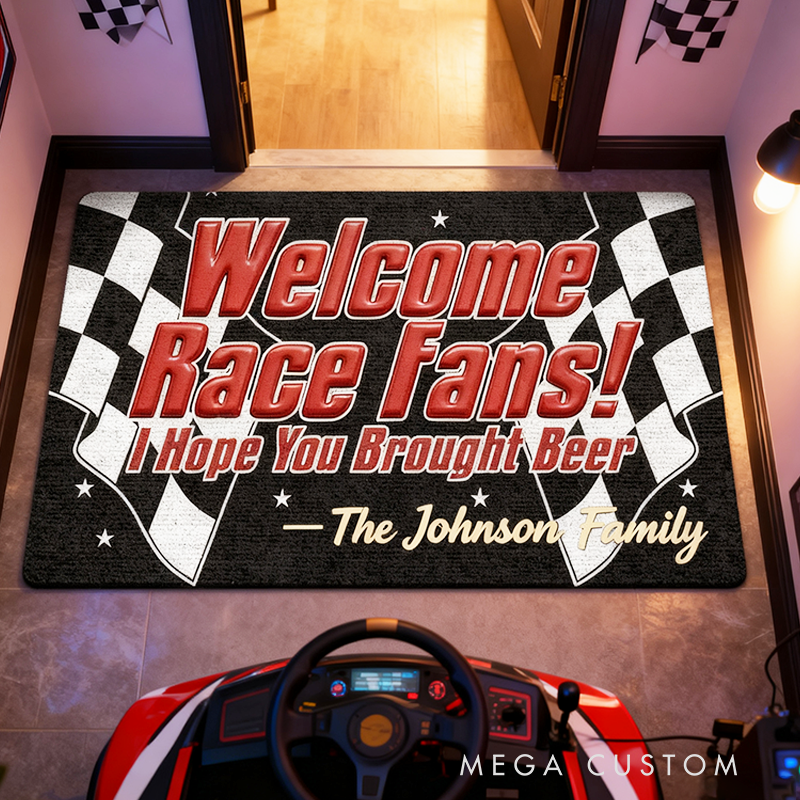 Personalized Welcome Race Fans Doormat Custom Family Name Racing Checkered Flag Design for Racers and Racing Lovers