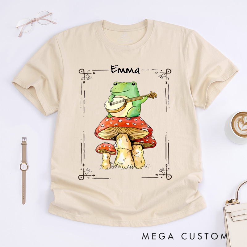 Personalized Frog Playing Banjo Classic T-Shirts Cute Mushroom Art Gift for Music Lovers Nature Fans Unisex Custom Tee Whimsical Forest Illustration