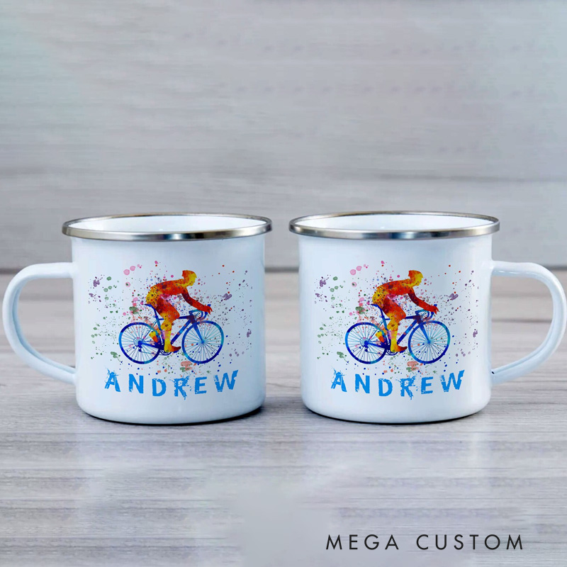 Personalized Cyclists Enamel Mug Ink Splatter Cycling Enamel Coffee Mug Road Bicycle Design