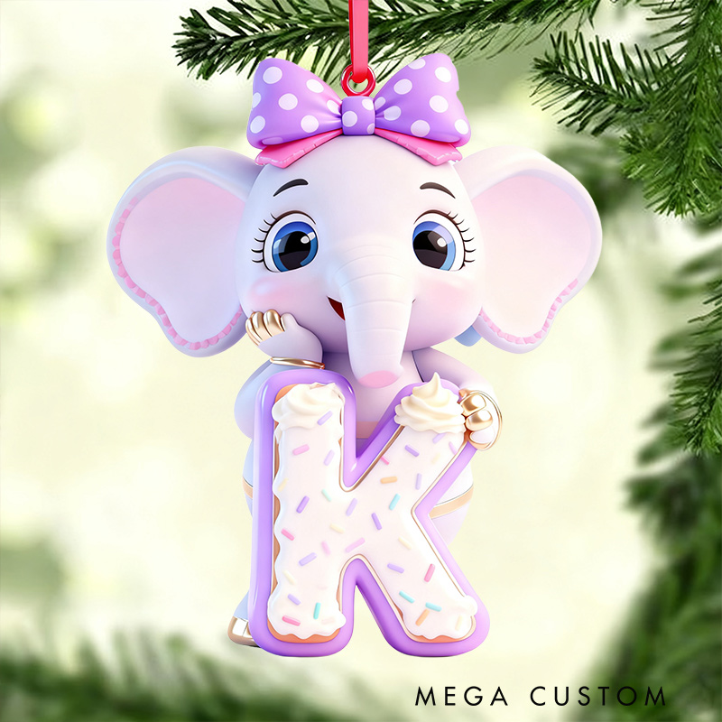 Personalized Elephant Initial Christmas Ornament with Custom Letter and Cute Bow for Kids and Nursery Decor Christmas Ornament