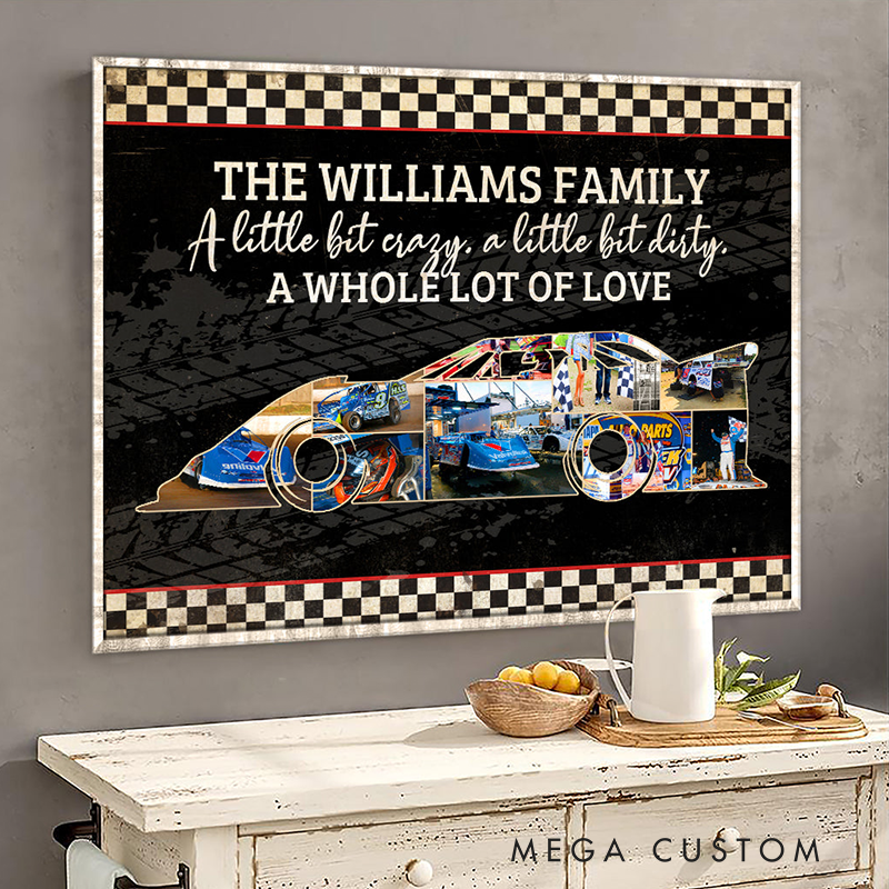 Personalized Racing Family Poster Custom Name and Photos Race Car Shape Wall Art Gift for Dirt Track and Racing Lovers