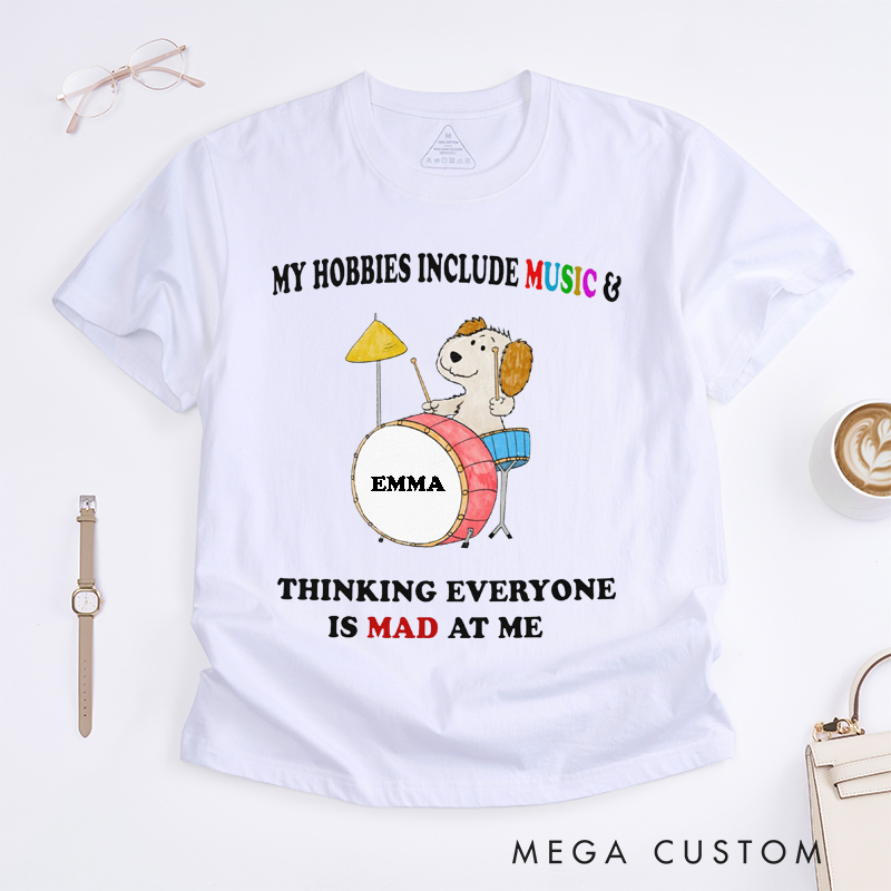 Personalized Dog Playing Drum Music Lover Classic T-Shirts Custom Name Anxiety Humor Gift for Musicians and Fans Funny Unisex Tee for Friends Family