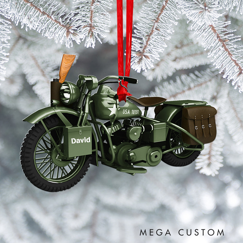 Personalized Military Motorcycle Christmas Ornament Custom Name Vintage Army Bike Decoration Gift for Motorcycle and Motorsport Lovers