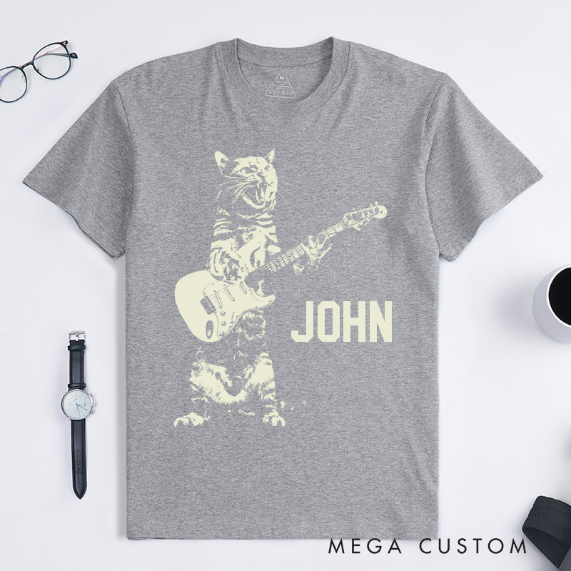 Personalized Cat Electric Guitar Classic T-Shirts Custom Name Wild Musician Gifts for Men and Women Unique Rock Style Tee for Cat Lover Friends Family