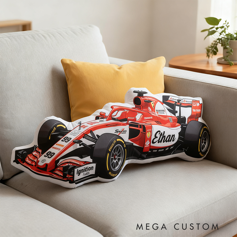 Personalized Race Car Shaped Throw Pillow Custom Name and Color Decorative Cushion Gift for Car Lovers and Racers