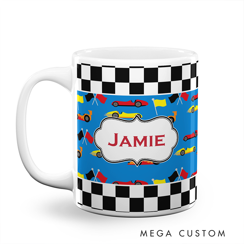Personalized Ceramic Mug with Racing Car and Check Flag Design Gift for Racer and Racing Lovers