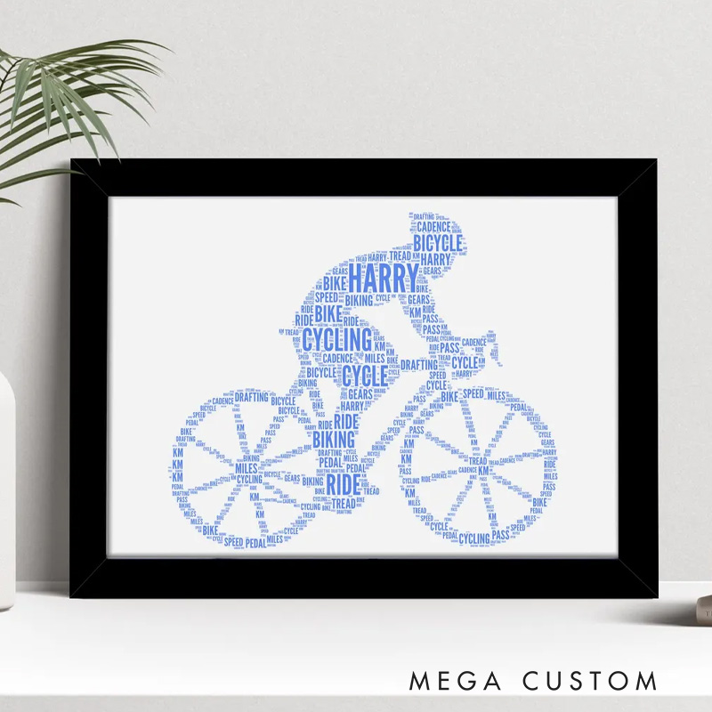 Personalized Biker Portrait Cyclist Word Art Print Bike Riding Bicycle Gifts Custom Wall Art Framed Picture Present for Cycling Lovers