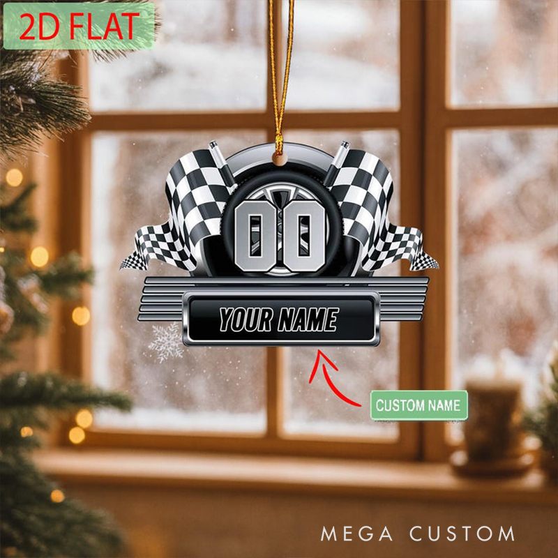 Personalized Racing Ornament Custom Name and Number Check Flag Christmas Decoration Gift for Car Lovers and Racers