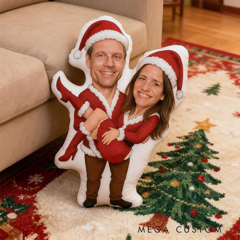 Personalized Couple Face Photo Pillow Custom Newlyweds Funny Elf Santa Claus Body Cushion First Christmas Pillow for Boyfriend Girlfriend Husband Wife
