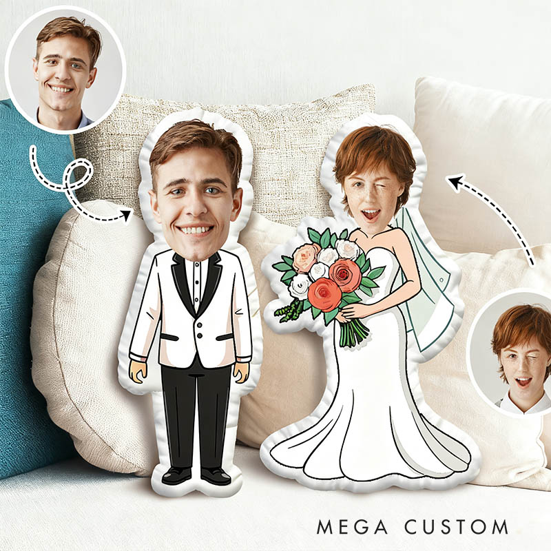 Personalized Wedding Bride Groom Face Photo Pillow Newlyweds Couple Doll Cushion Bridal Party Bachelorette Party Gift First Christmas Married Pillow