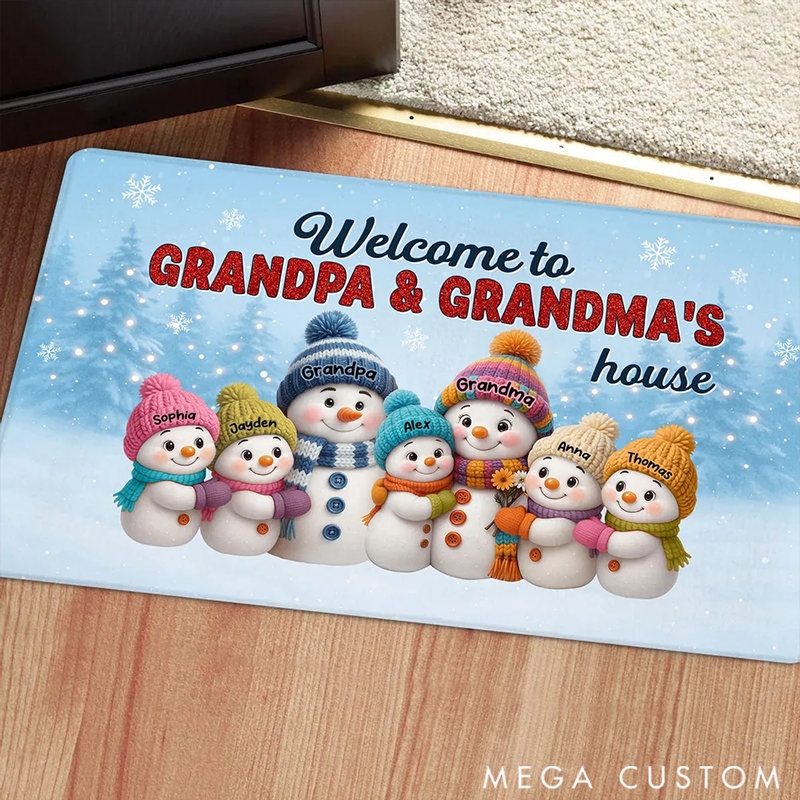 Personalized Christmas Grandma Grandpa Grandkids Snowman Together Doormat