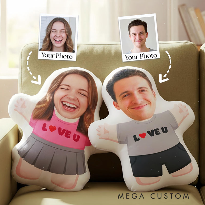 Personalized Couple Face Photo Pillow Custom Newlyweds Hug Me Doll Cushion Valentine's Day Gift for Husband Wife Boyfriend Girlfriend First Christmas