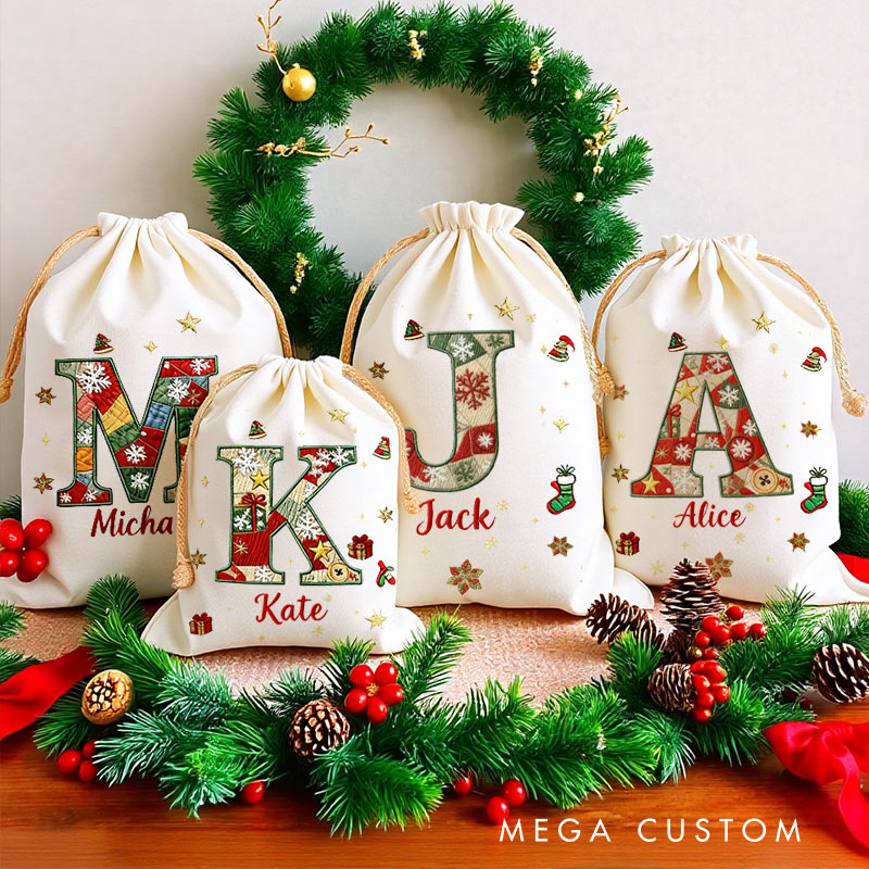 Personalized Initial Christmas Bag with Custom Name and Festive Imitation Embroidery Effect Style Design for Holiday Gifts Christmas Bag
