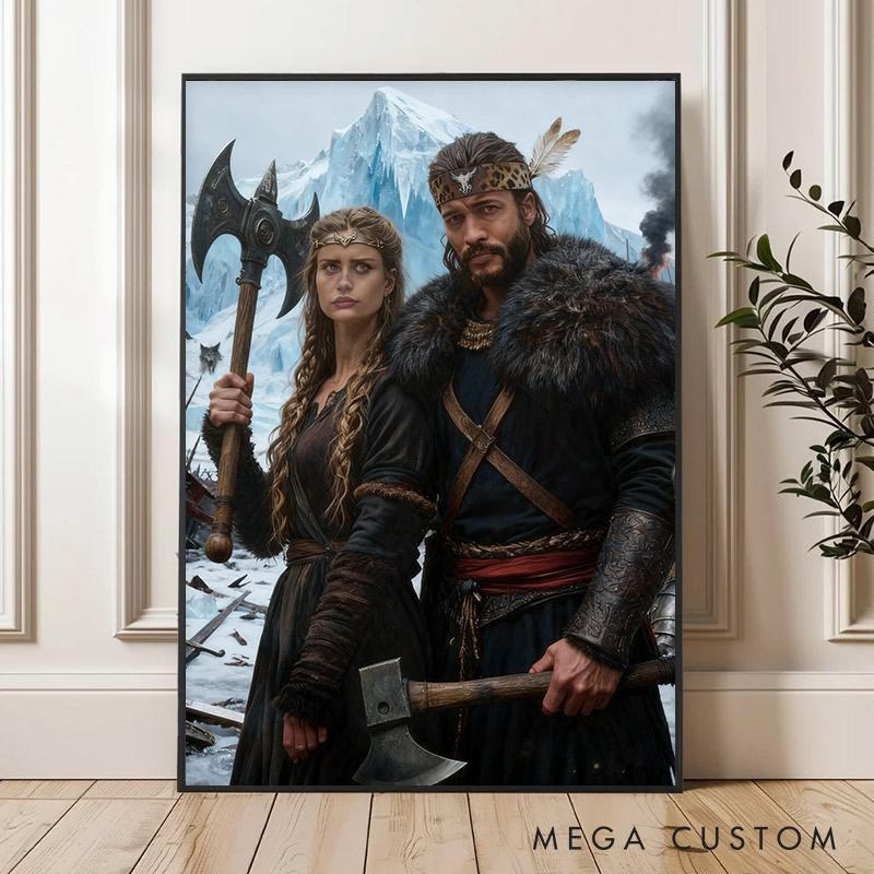 Personalized Custom Viking Couple Portrait Wall Art to Nordic Style Artwork Unique Gift or Home Décor
