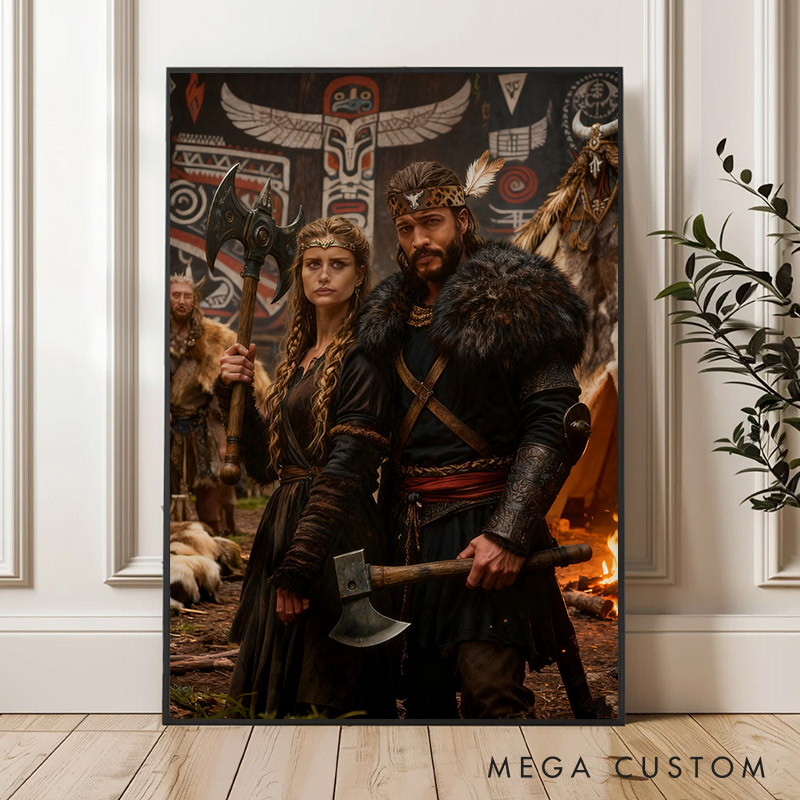 Personalized Custom Viking Couple Portrait Wall Art to Nordic Style Artwork Unique Gift or Home Décor
