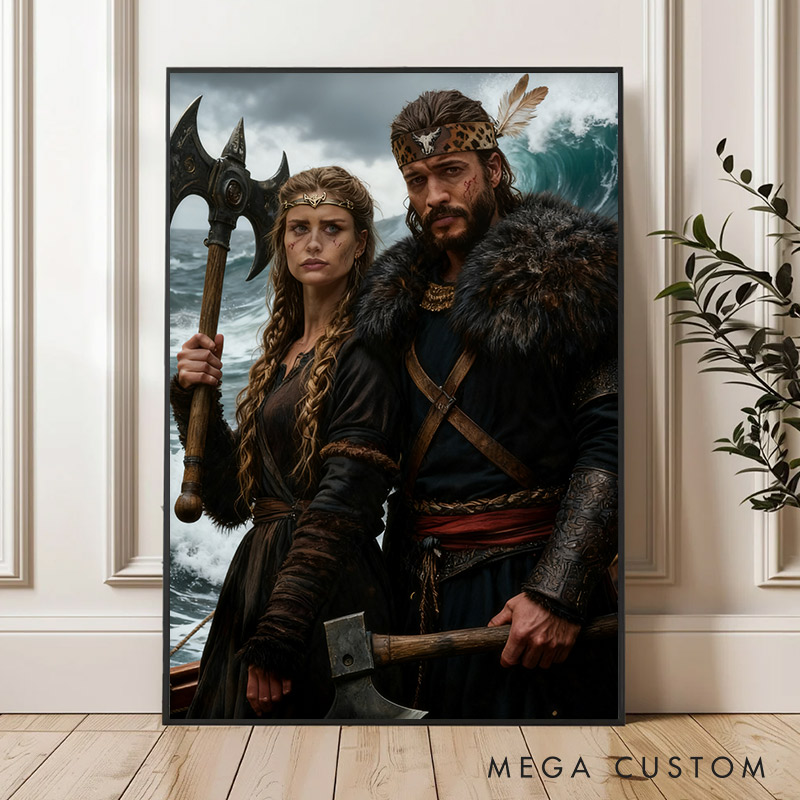 Personalized Custom Viking Couple Portrait Wall Art to Nordic Style Artwork Unique Gift or Home Décor