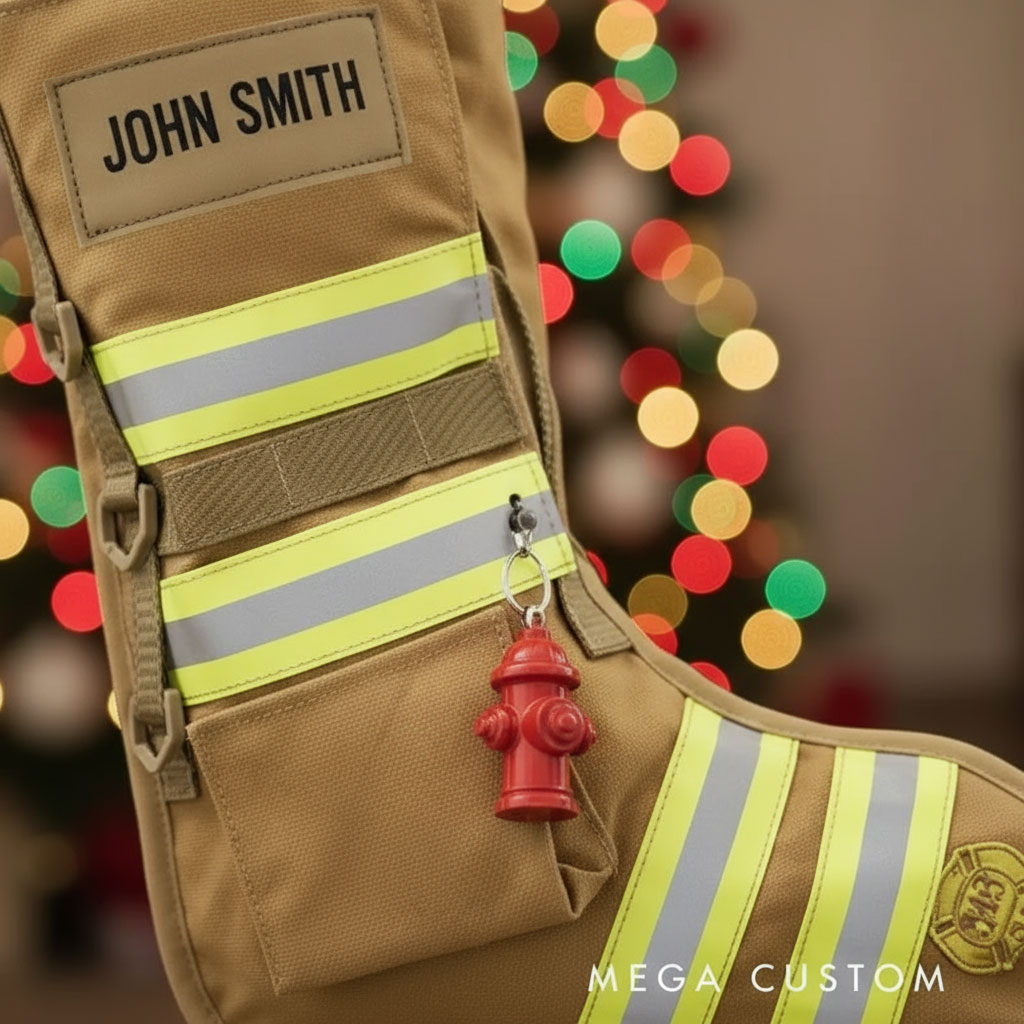 Personalized Firefighter Quilted Christmas Stocking with Reflective Stripes and Accessories