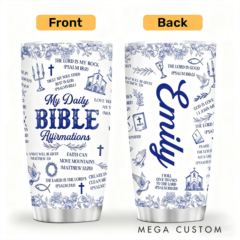 Personalized Floral My Daily Bible Affirmation 20oz Stainless Steel Tumbler with Name Religious Gift for Christians