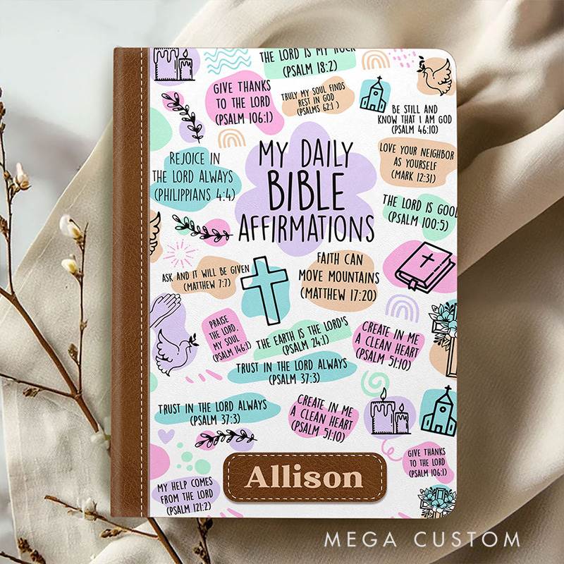 Personalized My Daily Bible Affirmations Leather Cover Notebook with Name Bible Study Notes Religious Gift for Christians