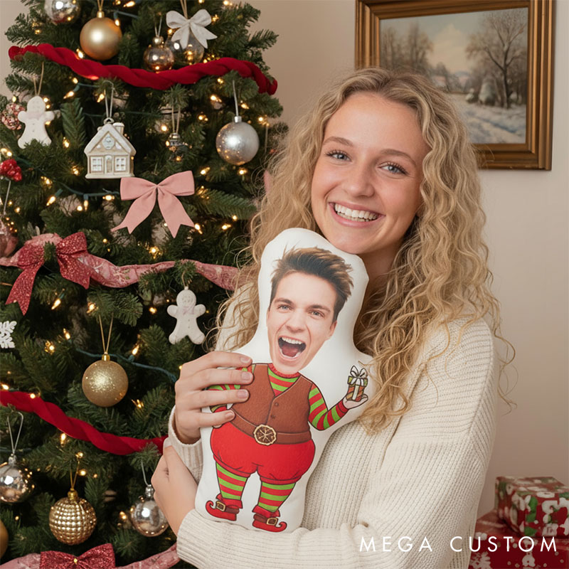Personalized Couple Face Photo Pillow Custom Elf Doll Face Pillow Christmas Couple Cushion for Her Birthday Gift for Him