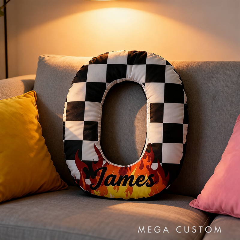 Personalized Racing Letter Throw Pillow Custom Name Checkered and Flame Design Cushion Gift for Racers and Racing Lovers