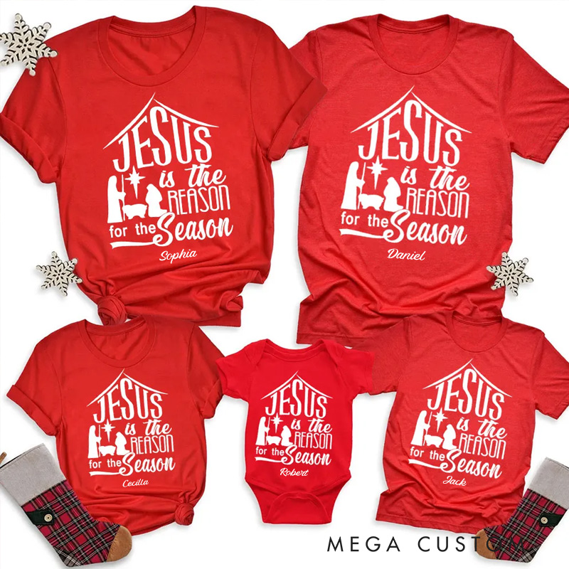 Personalized Nativity Scene Jesus is the reson for the season Family Matching Cotton T-Shirts with Name Religious Gift Christmas Gift for Christians