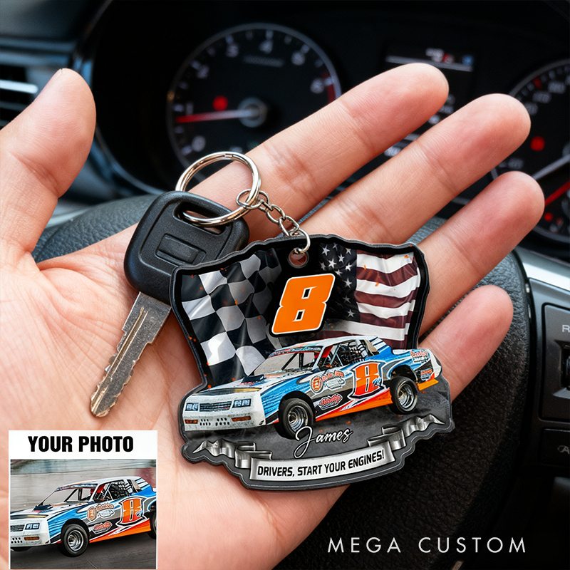 Personalized Dirt Track Racing Keychain Custom Car Photo Name and Number Start Your Engines Gift for Races and Car Lovers