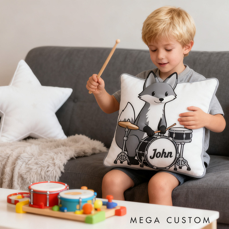 Personalized 3D Gray Fox & Mini Drum Set Pillow With Your Own Name Soft Stuffed Toy for Kids Unique Decorative Cushion for Boys' Room and Playroom