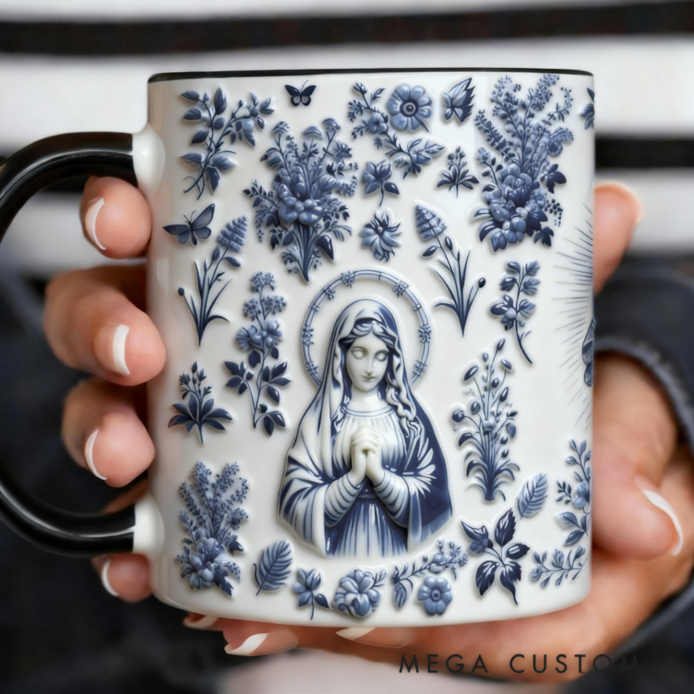 Personalized Catholic Virgin Mary Toile 11oz Ceramic Mug with Name 3D Effect Our Lady Coffee Cup Vintage Floral Marian Mug Christian Gift for Women