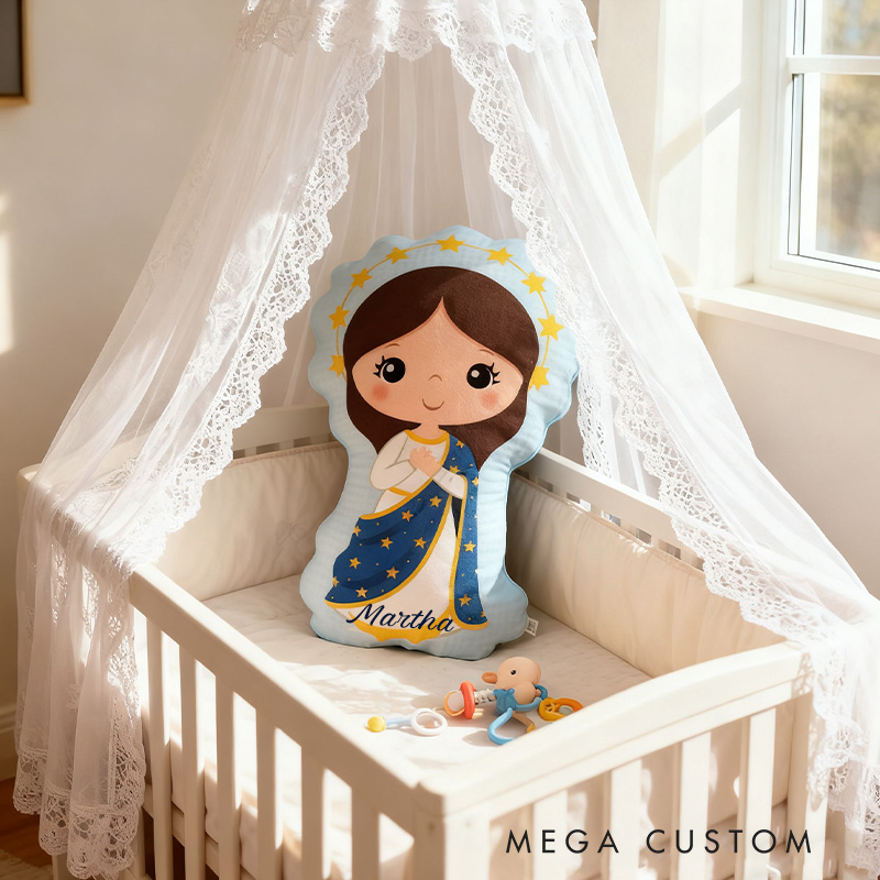 Personalized Cartoon Vergin Mary Pillow with Custom Name Home Decor Religious Gift Catholic for Kids