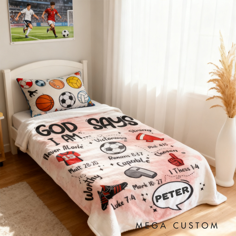 Personalized Football God Says I Am Soft Throw Blanket with Bible Verse Home Decor Birthday Gift for Boys Girls