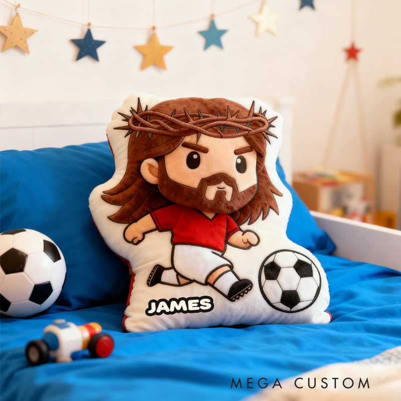 Personalized Cartoon Football Jesus Pillow with Custom Name Home Decor Religious Gift Catholic for Kids
