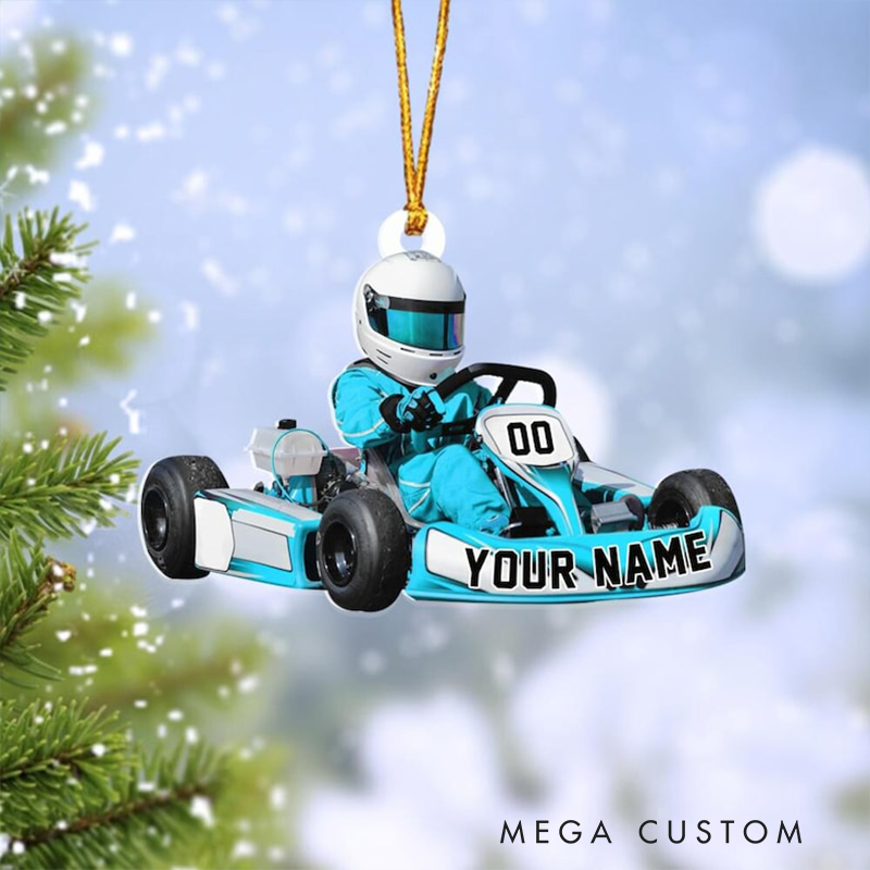 Personalized Go Kart Racing Ornament Custom Name and Number Christmas Acrylic Decoration Gift for Race Car and Kart Lovers
