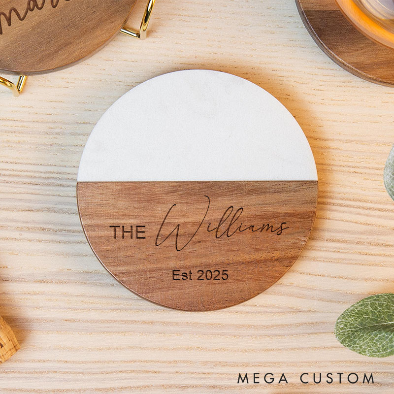 Personalized Wooden and Marble Coasters Custom Wedding Gift Coasters Engraved Wood Anniversary Gift Coaster for Couple Engagement Valentines Gift