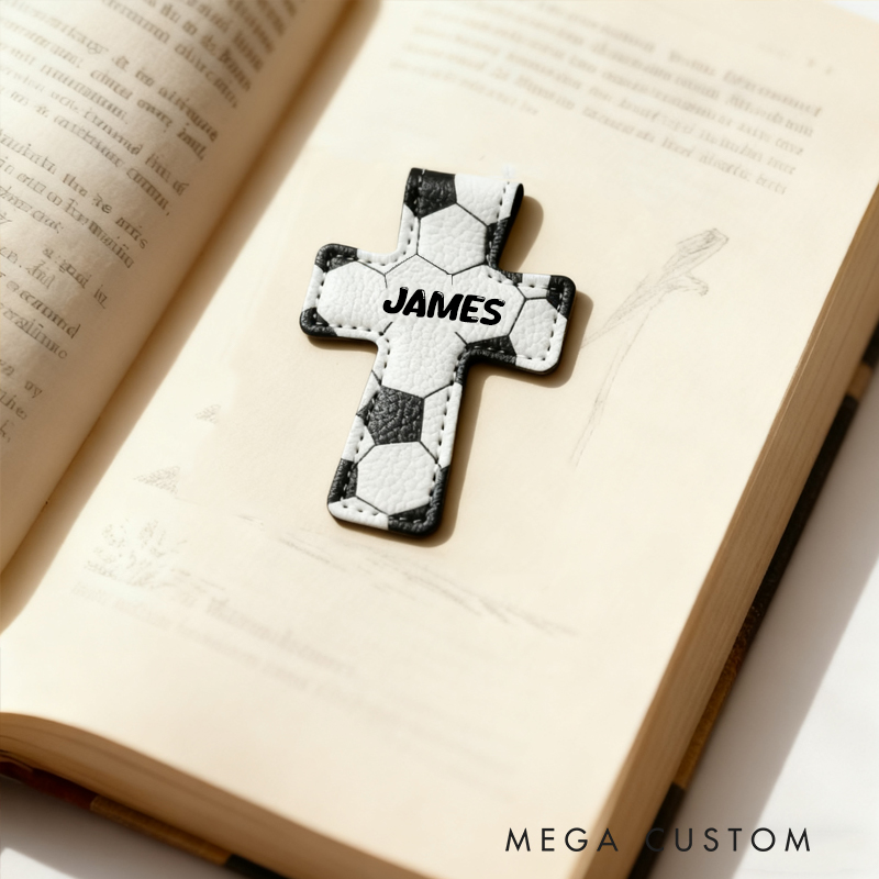 Personalized Ball Sports Soccor Basketball Cross PU Leather Magnetic Bookmark Clip with Name Reading Accessory Religious Gift for Sport Lover Christian