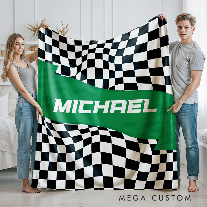 Personalized checkered Flag Blanket Custom Name Blanket Gift for Racer and Racing Lovers