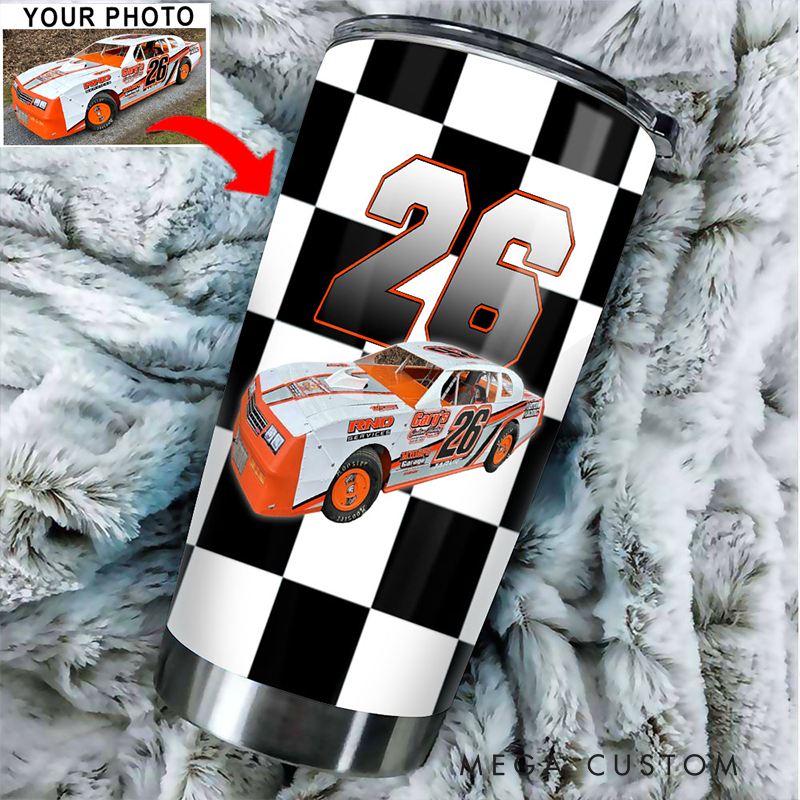 Personalized Dirt Track Racing Tumbler Custom Photo and Number Stainless Steel Travel Mug Gift for Racers and Racing Lovers