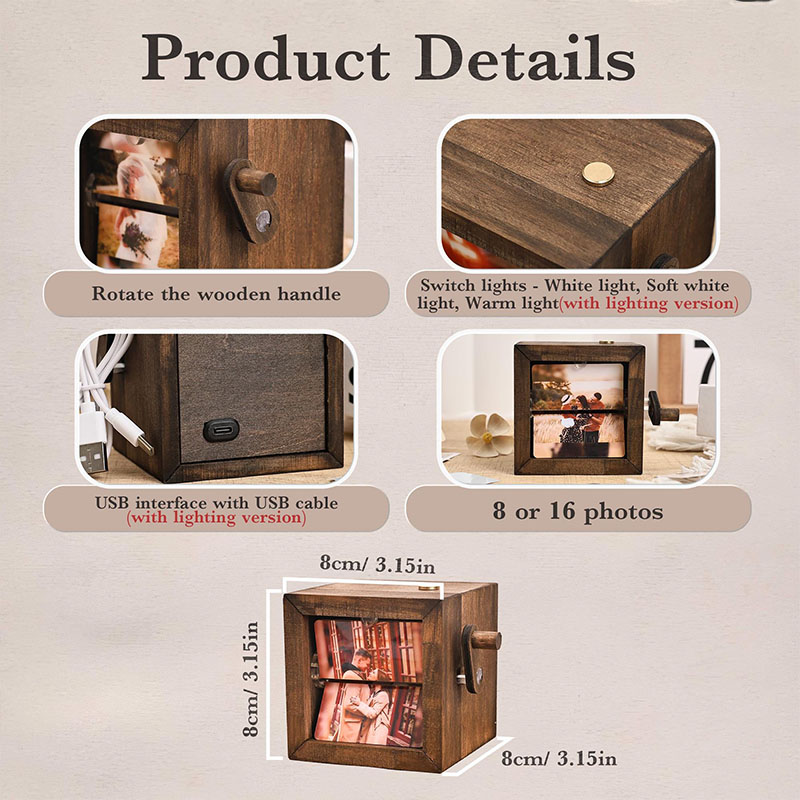 Personalized Photo Flipbook Animation Box Custom Newlyweds Wooden Photo Book with Light Christmas Crank Photo Box Picture Box Anniversary Gift